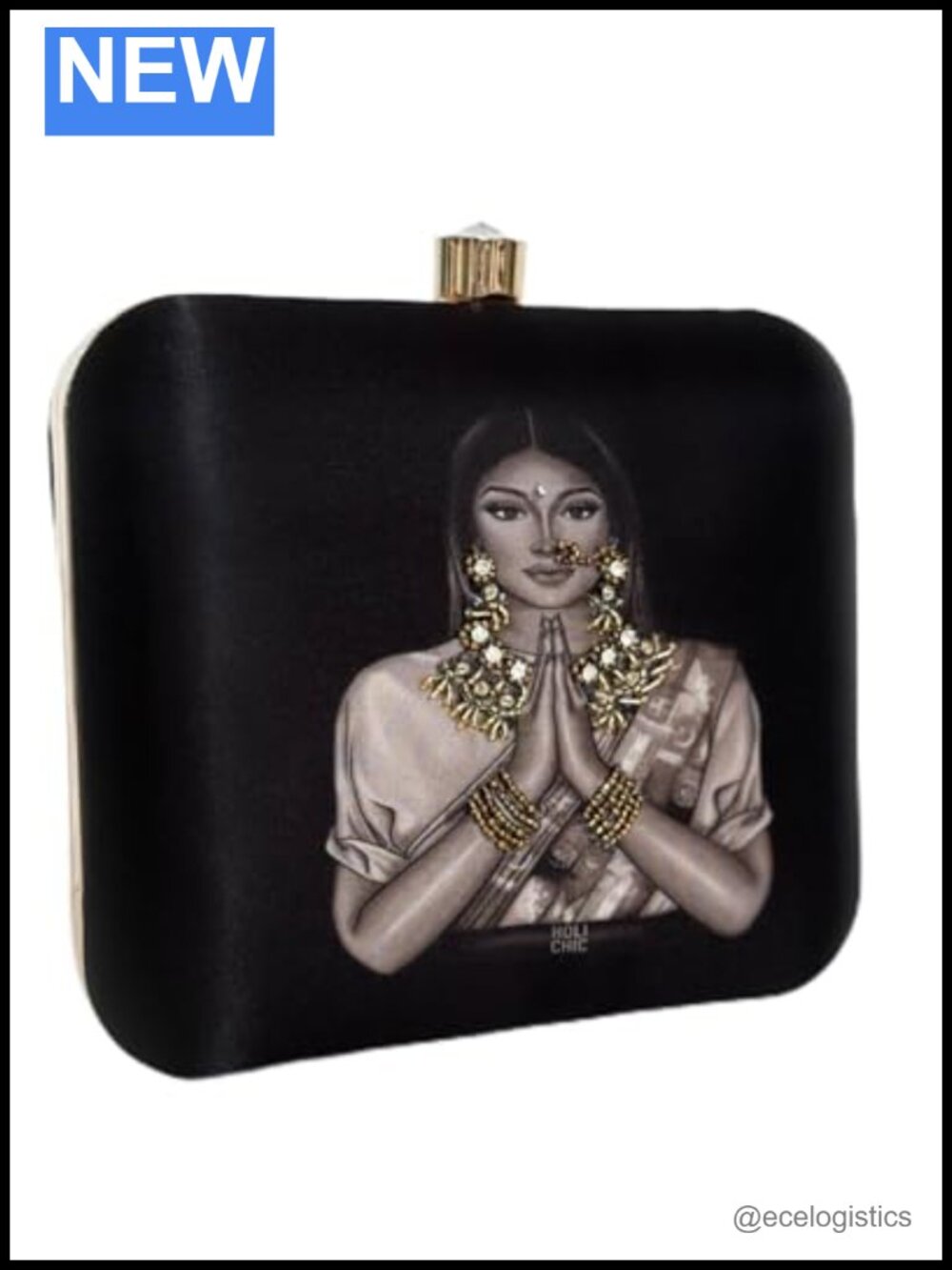 Embellished Satin Clutch with Detachable Gold Chain Strap, Metal Clasp, Fits